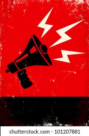 Red and black poster with megaphone and lightning
