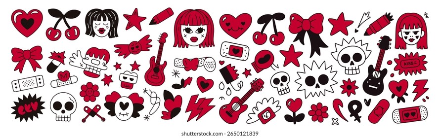 Red and Black Punk Rock Girl Power Doodle Pack: Corações, Crânios, Guitarras, e Cherry Patches