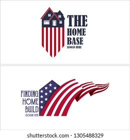 Red black purple line art home flag fluttering star combination mark logo design vector concept suitable for real estate construction lodging