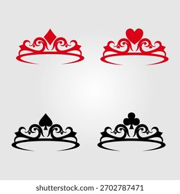Una corona de la reina roja y negra con símbolos de cartas simboliza el poder real y el lujo.