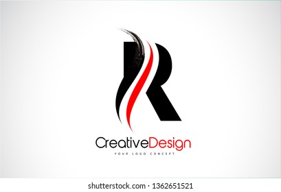 Red and Black R Letter Design Brush Paint Stroke. Letter Logo with Black Paintbrush Stroke.