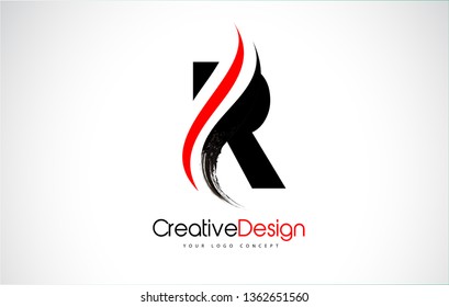 Red and Black R Letter Design Brush Paint Stroke. Letter Logo with Black Paintbrush Stroke.