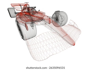 A red and black racing car is shown in a zigzag pattern. The car is shown in a close up and the details of the car are emphasized