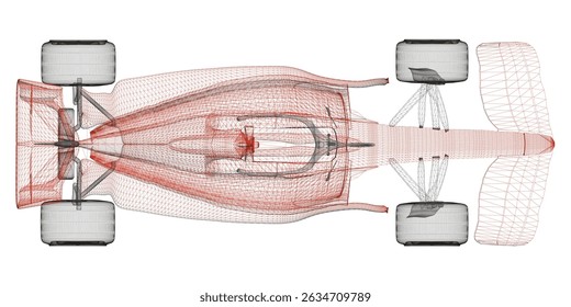 A red and black racing car with a white stripe. The car is shown in a pixelated style, giving it a futuristic look. Top view