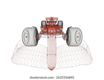 A red and black racing car with a white background. The car is shown in a 3D model, with its wheels and tires visible. Concept of speed and excitement, as if the car is in motion. Front view