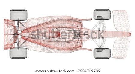 A red and black racing car with a white stripe. The car is shown in a pixelated style, giving it a futuristic look. Top view