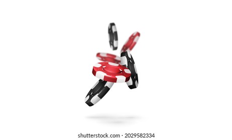 Red and black realistic gambling stack of dropping casino chips with shadows isolated on white background