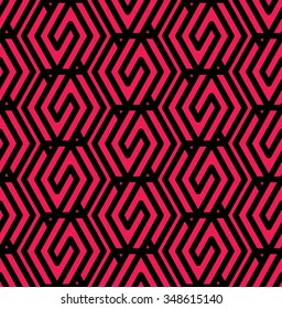 Red and black rhythmic textured endless pattern, maze continuous creative textile, geometric motif background.