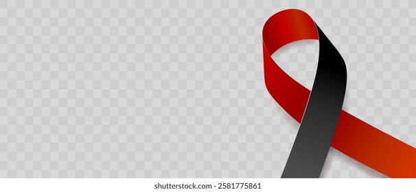 Red and black ribbon awareness Black Lives Matter, Murder Victims, Sepsis, Shwachman-Diamond Syndrome. Isolated on transparent background. Vector illustration.