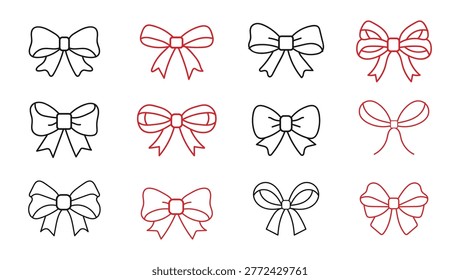 Red and black Ribbon Bow Icons Vector Set, ribbon bow bow icons decorative bows gift ribbon red ribbon. boww illustration. minimalist vector line art bows and outline design.