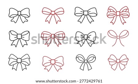 Red and black Ribbon Bow Icons Vector Set, ribbon bow bow icons decorative bows gift ribbon red ribbon. boww illustration. minimalist vector line art bows and outline design.