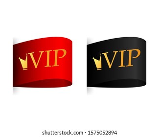 Red and black ribbon. Round badge for VIP. Vector illustration