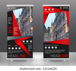 Red black roll up business banner design vertical template vector, cover presentation abstract geometric background, modern publication display and flag-banner, layout in rectangle