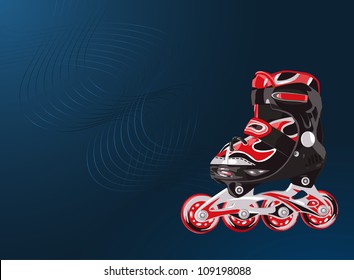 Red and black rollerskate on blue background with light lines