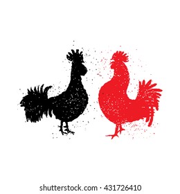 Red and black roosters are looking at each other. Happy new year 2017 zodiac. Greeting card. Vector. Imitation of hand drawing or painting of roosters silhouette with Chinese calligraphy ink.