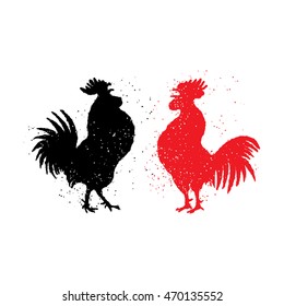 Red and black roosters are looking at each other. Happy new year 2017 zodiac. Greeting card. Vector. Imitation of hand drawing or painting of roosters silhouette with Chinese calligraphy ink.