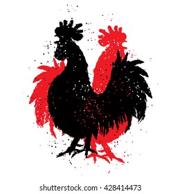 Red and black roosters. Two hipster vintage design with roosters. Imitation of hand drawing or painting of roosters silhouette with Chinese calligraphy Inksticks or India ink. Zodiac New Year 2017.