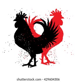 Red and black roosters. Two hipster vintage design with roosters. Imitation of hand drawing or painting of roosters silhouette with Chinese calligraphy Inksticks or India ink. Zodiac New Year 2017.
