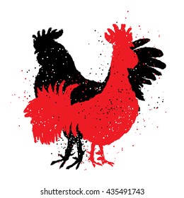 Red and black roosters. Two hipster vintage design with roosters. Imitation of hand drawing or painting of roosters silhouette with Chinese calligraphy Inksticks or India ink. Zodiac New Year 2017.