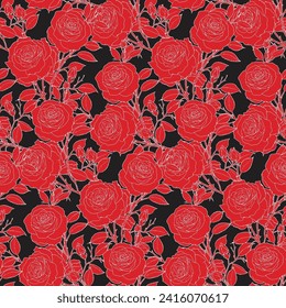 Red Black Roses Line Drawing Seamless Pattern Repeat