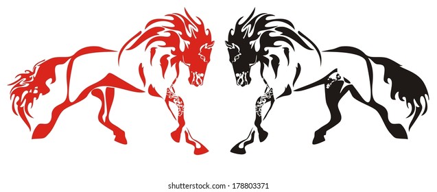 Red and black running horses on the white