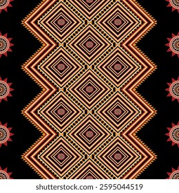 Red and black seamless ethnic geometric fabric pattern for textiles, carpets, fabric printing, fashion clothing, curtains, wallpapers and backgrounds.