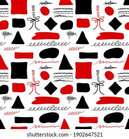 Rotes und schwarzes nahtloses Muster. Punktlinien und Doppellinien. Vektorgrafik.