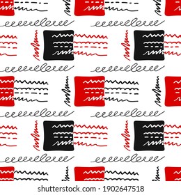 Red and black seamless pattern. Squares and doodle lines. Hand-drawn template. Vector  illustration.
