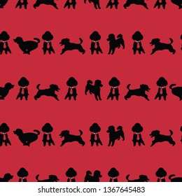 Red and black seamless vector background with elements of happy poodles. Perfect for fabric, gift wrap, wall paper. scrapbooking, invitations, home decor, quilting and projects.