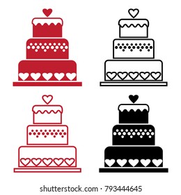 Red and black set of cake with heart  for Valentine's Day. Outline and flat design. Vector illustration