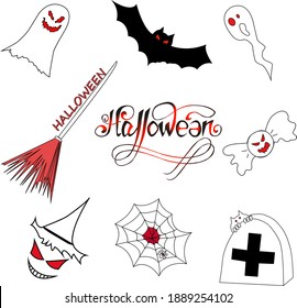 red and black set of halloween isolated elements with lettering