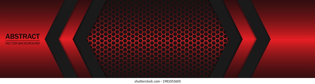Red and black shapes, stripes and lines on a dark carbon fiber hexagonal background. Geometric shapes on a hexagonal red grid.