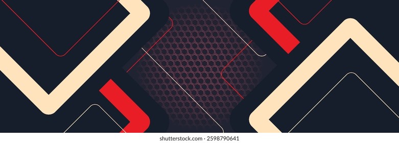 Red and black shapes, stripes and lines on a dark carbon fiber hexagonal background. Geometric shapes on a hexagonal red grid.