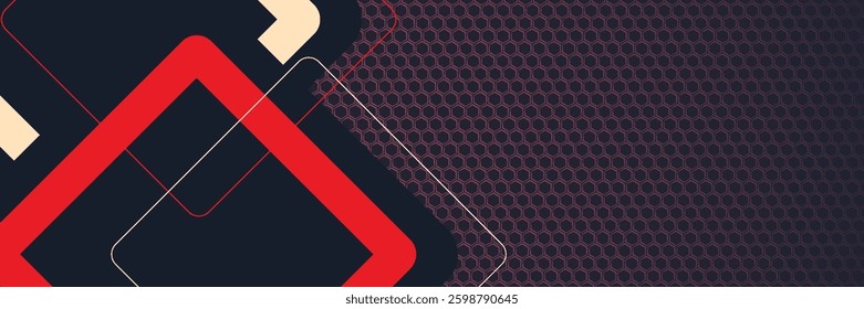 Red and black shapes, stripes and lines on a dark carbon fiber hexagonal background. Geometric shapes on a hexagonal red grid.