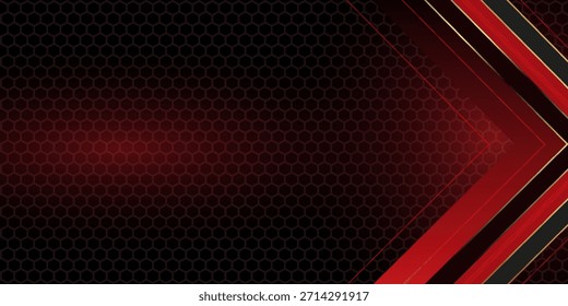 Formas rojas y negras, rayas y líneas sobre un fondo hexagonal de fibra de carbono oscuro. Formas geométricas sobre una cuadrícula roja hexagonal. eps.10.