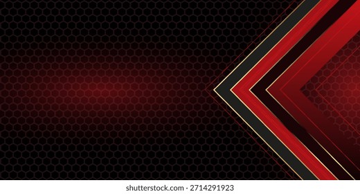 Formas rojas y negras, rayas y líneas sobre un fondo hexagonal de fibra de carbono oscuro. Formas geométricas sobre una cuadrícula roja hexagonal. eps.10.