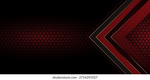 Formas rojas y negras, rayas y líneas sobre un fondo hexagonal de fibra de carbono oscuro. Formas geométricas sobre una cuadrícula roja hexagonal. eps.10.