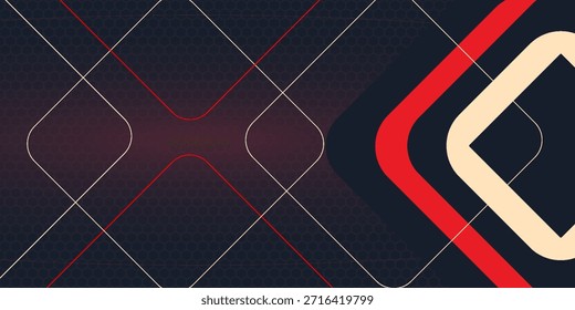 Formas rojas y negras, rayas y líneas sobre un fondo hexagonal de fibra de carbono oscura. Formas geométricas sobre una rejilla roja hexagonal.