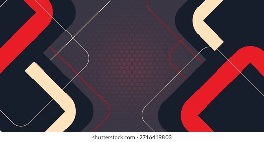 red and black shapes, stripes and lines on a dark carbon fiber hexagonal background. geometric shapes on a hexagonal red grid.