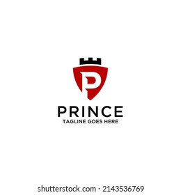 Letra monograma P sobre el escudo con corona. Plantilla de logotipo Vector Elegante de protección y protección.