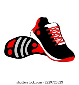 Red and black shoes isolated on white background. Bright Sport sneakers symbol. Vector illustration.