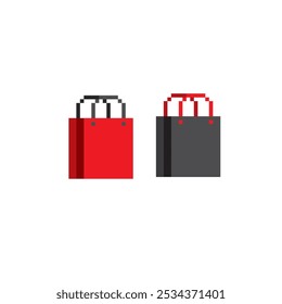 Icono rojo y negro del arte del pixel de los bolsos de compras. Diseño para el logotipo, el Web, el App móvil, la etiqueta engomada, las insignias y los parches. Video Juego sprite. 8 bits. Ilustración vectorial aislada.