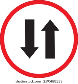 A red and black sign featuring two arrows, each pointing in opposite directions, indicating diverging paths