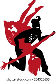 Red and black silhouette of a couple dancing 1950s style rock and roll, no white objects, vector illustration