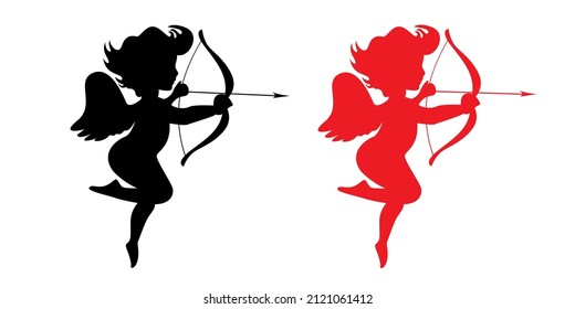 Red and black silhouette of Cupid shooting an arrow from a bow.Vector illustration.