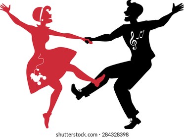 Red and black silhouettes of a couple dressed in 1950s fashion dancing rock and roll, no white objects, EPS 8