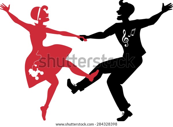 Red and black\
silhouettes of a couple dressed in 1950s fashion dancing rock and\
roll, no white objects, EPS\
8