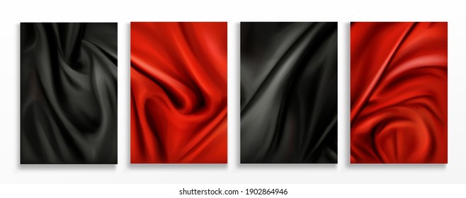 Red and black silk folded fabric backgrounds, luxurious textile decoration backdrop for poster, banner or cover design. Drapery material with soft satin waves, poster, 3d vector realistic illustration