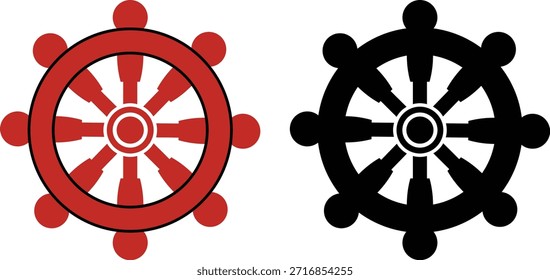 Icono gráfico simple rojo y negro de un volante de barco sobre fondo blanco. Vector