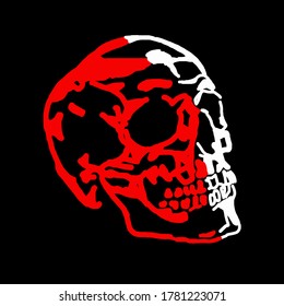 The red and black skull is drawn by hand. Vector image. Use for T-shirts, flags, posters, backpacks, flyers, stickers, etc.
